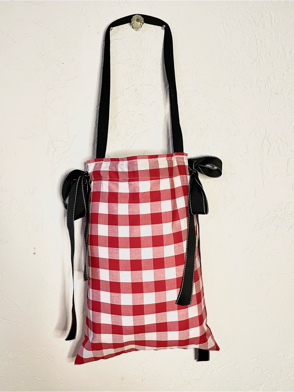 Red Gingham Tote Bag with Black Ribbon Straps